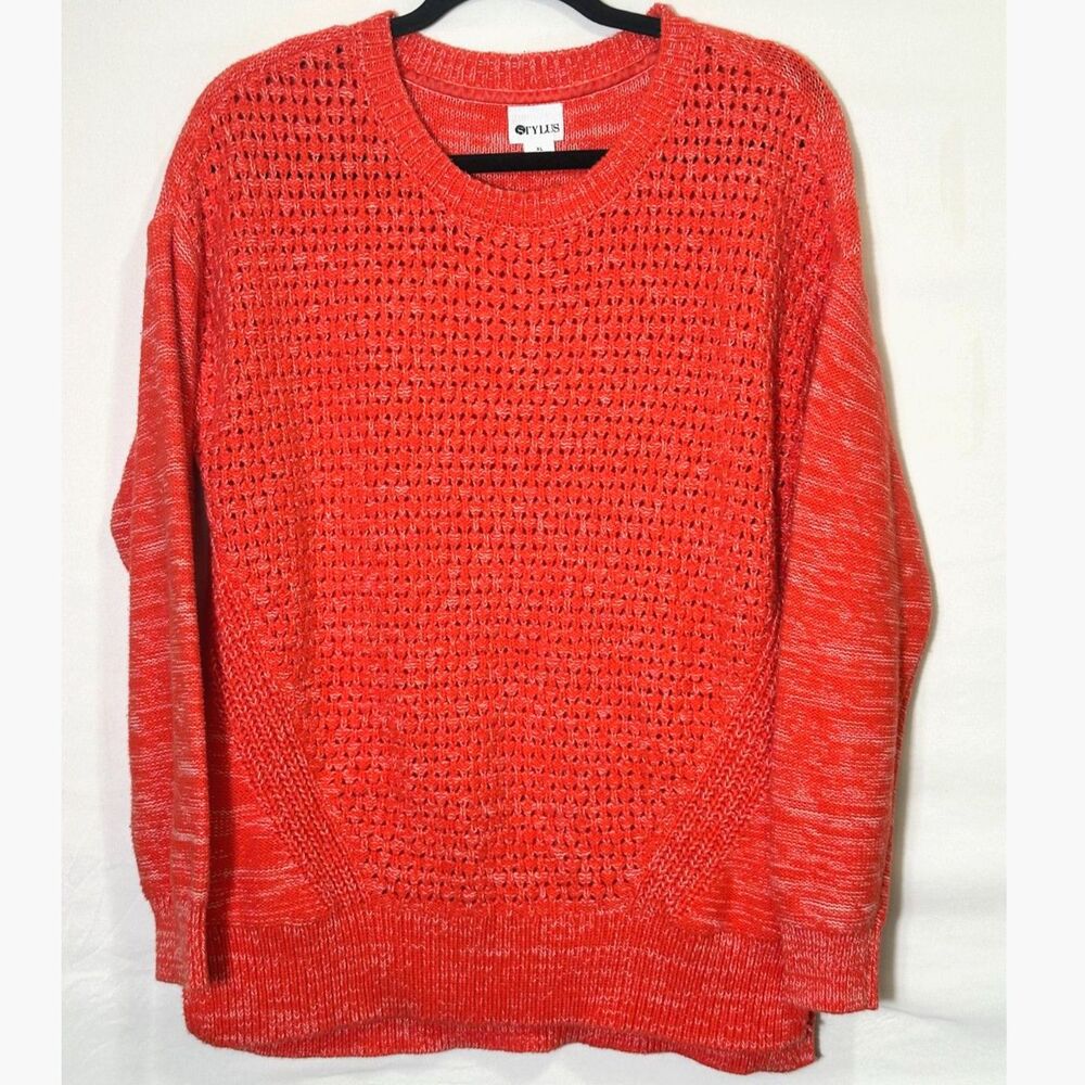 Stylus Women M Sweater Orange Marled Long Sleeve Peekaboo Knit Stitch Size XL